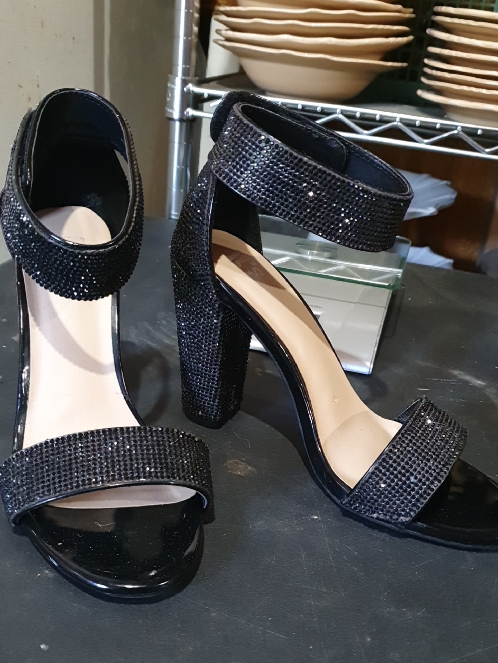 💜 Black Crystal Ankle-Strap Block Heel Sandals